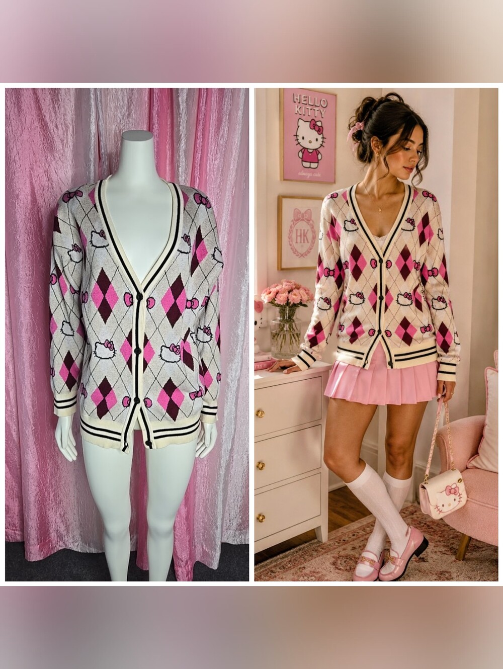 Hello Kitty X Forever 21 Beige Pink Argyle Preppy Academia Cardigan Size Small